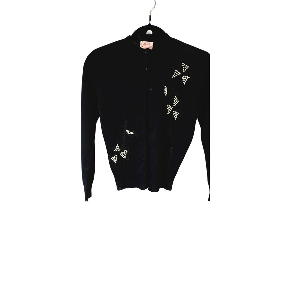 Vintage Turbo Cardigan Womens XS Black 1950s Beaded Embroidered Whimsygoth Goth